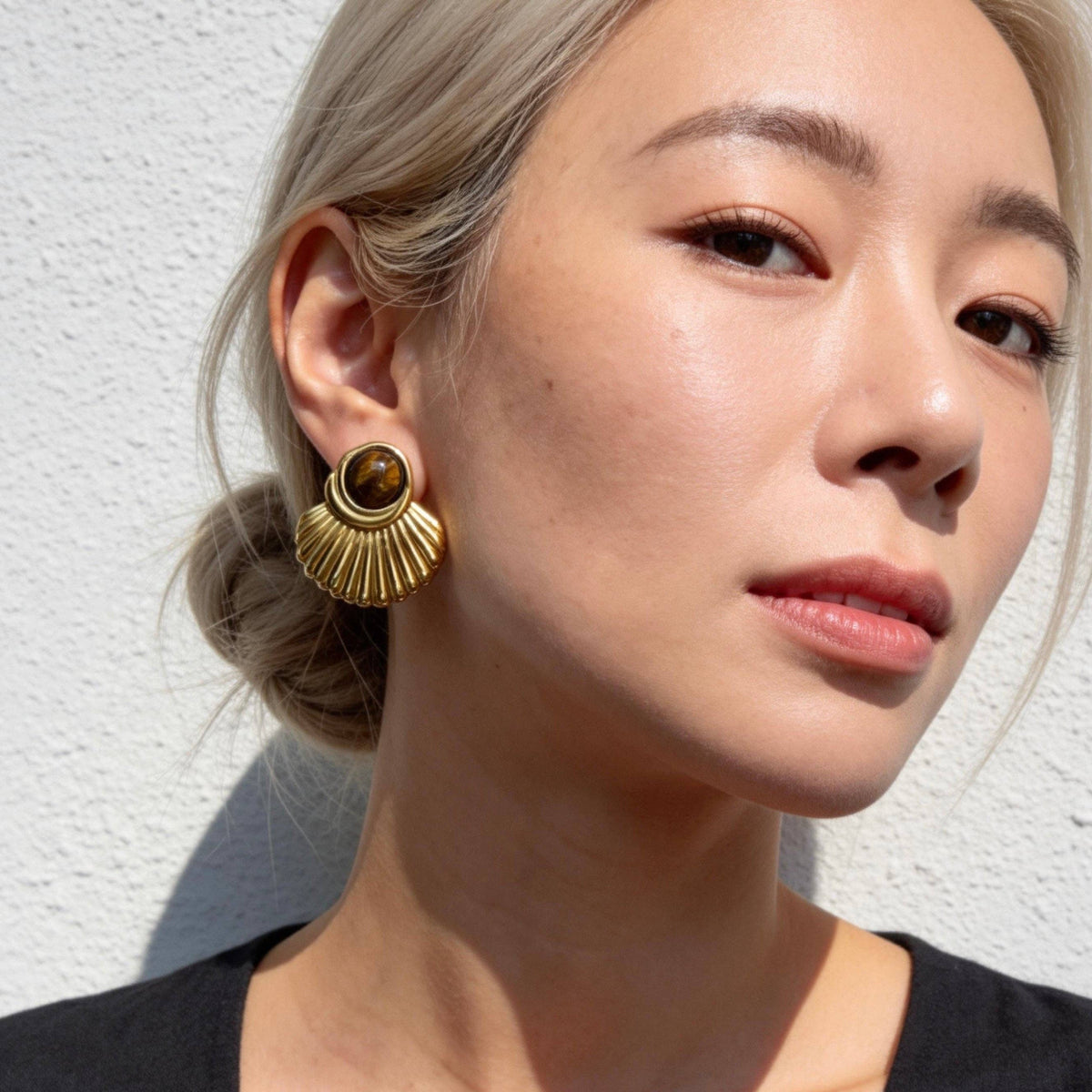 Stainless Steel Tiger Eye Fan Earrings