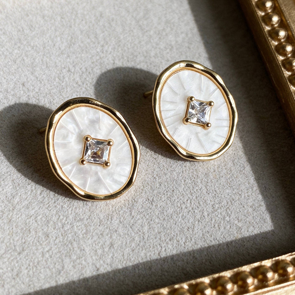 Gold Crystal Oval Mother of Pearl Earrings
