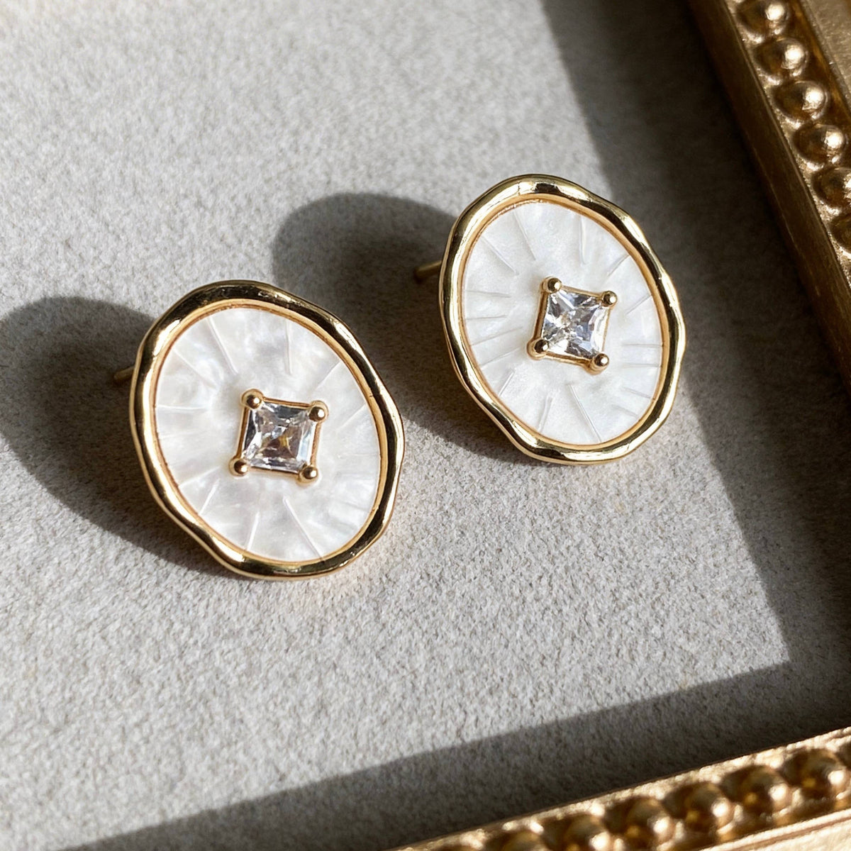 Gold Crystal Oval Mother of Pearl Earrings