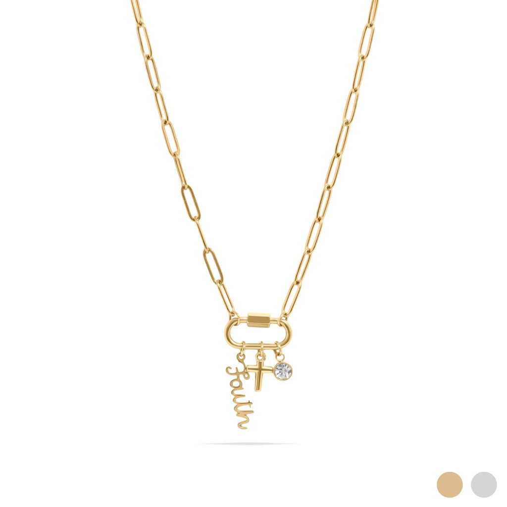 18K Gold PVD Stainless Steel Cross Carabiner Charm Necklace