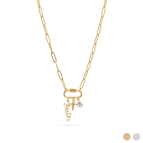 18K Gold PVD Stainless Steel Cross Carabiner Charm Necklace