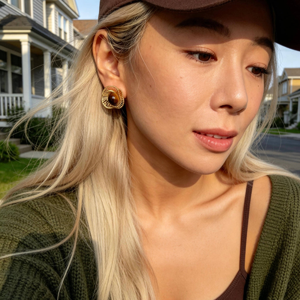 Gold Tiger Eye Stud Earrings