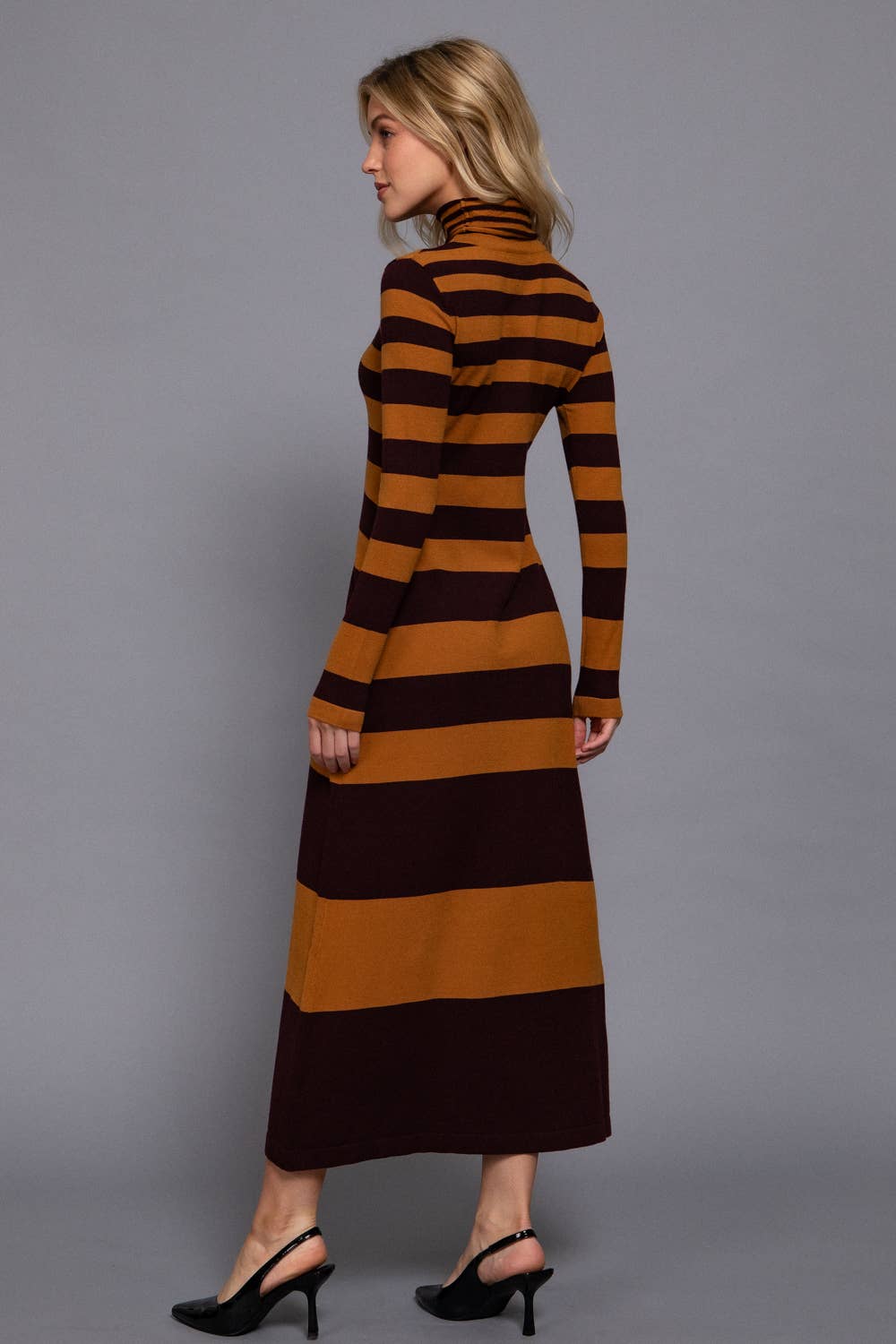 Long Sleeve Turtle Neck Rugby Stripe Maxi Dress