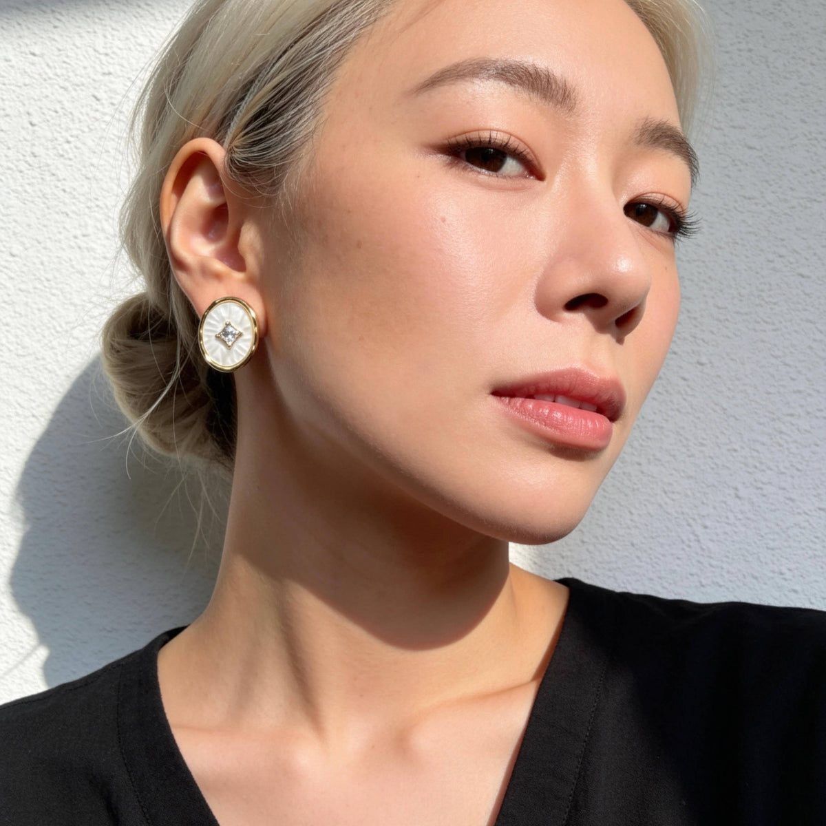 Gold Crystal Oval Mother of Pearl Earrings