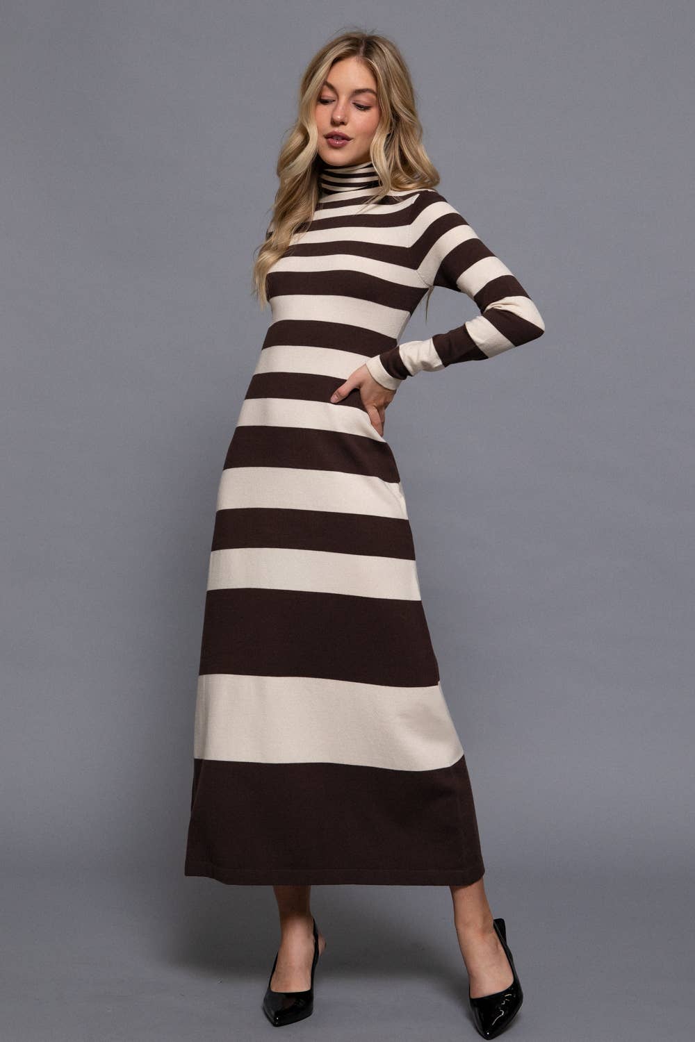 Long Sleeve Turtle Neck Rugby Stripe Maxi Dress
