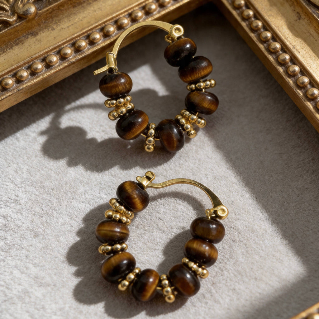 Tiger Eye Beaded Hoop Earrings
