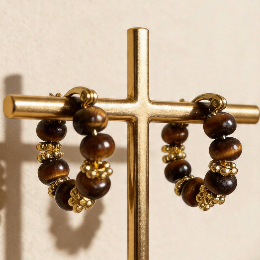 Tiger Eye Beaded Hoop Earrings