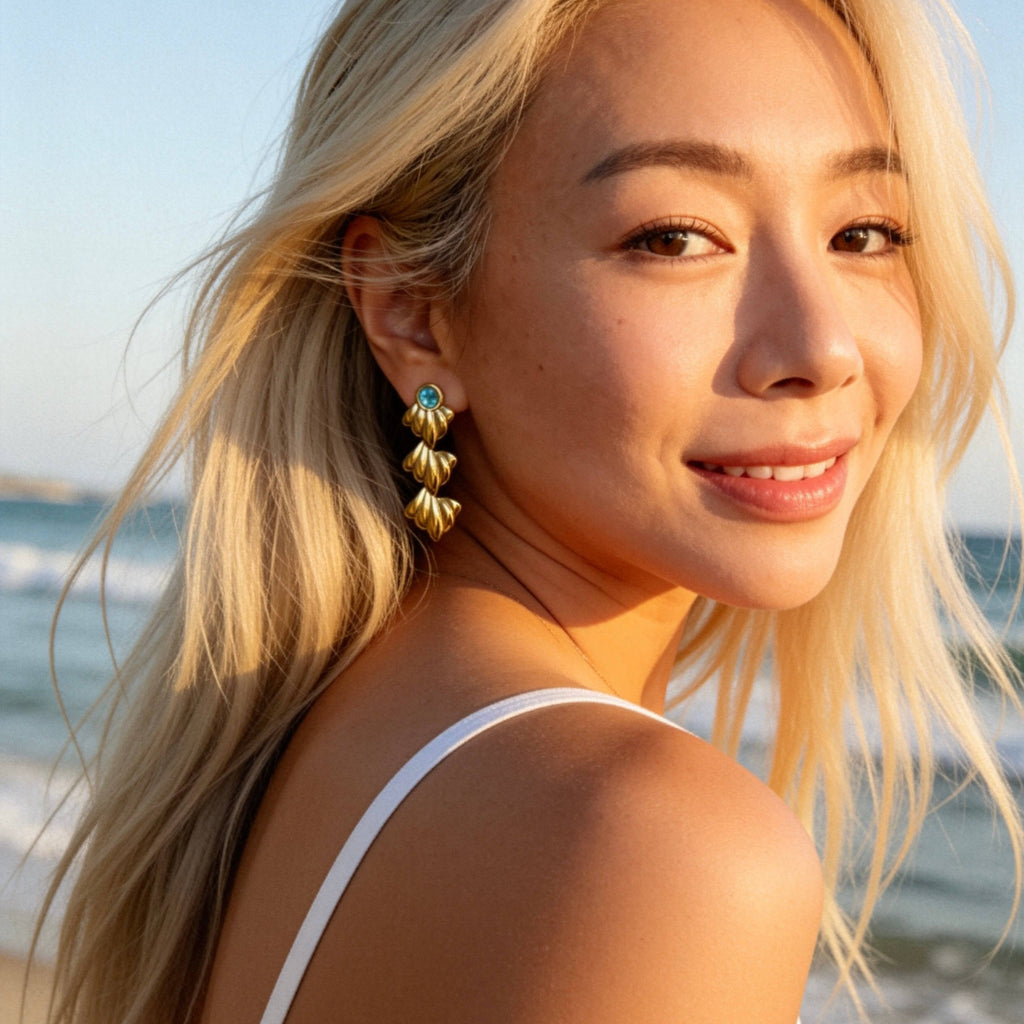 Gold Ocean Leaf Earrings with Blue Crystal