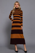 Long Sleeve Turtle Neck Rugby Stripe Maxi Dress