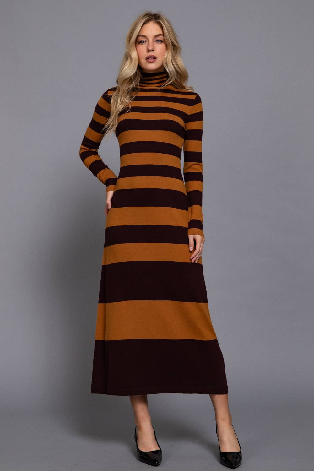 Long Sleeve Turtle Neck Rugby Stripe Maxi Dress