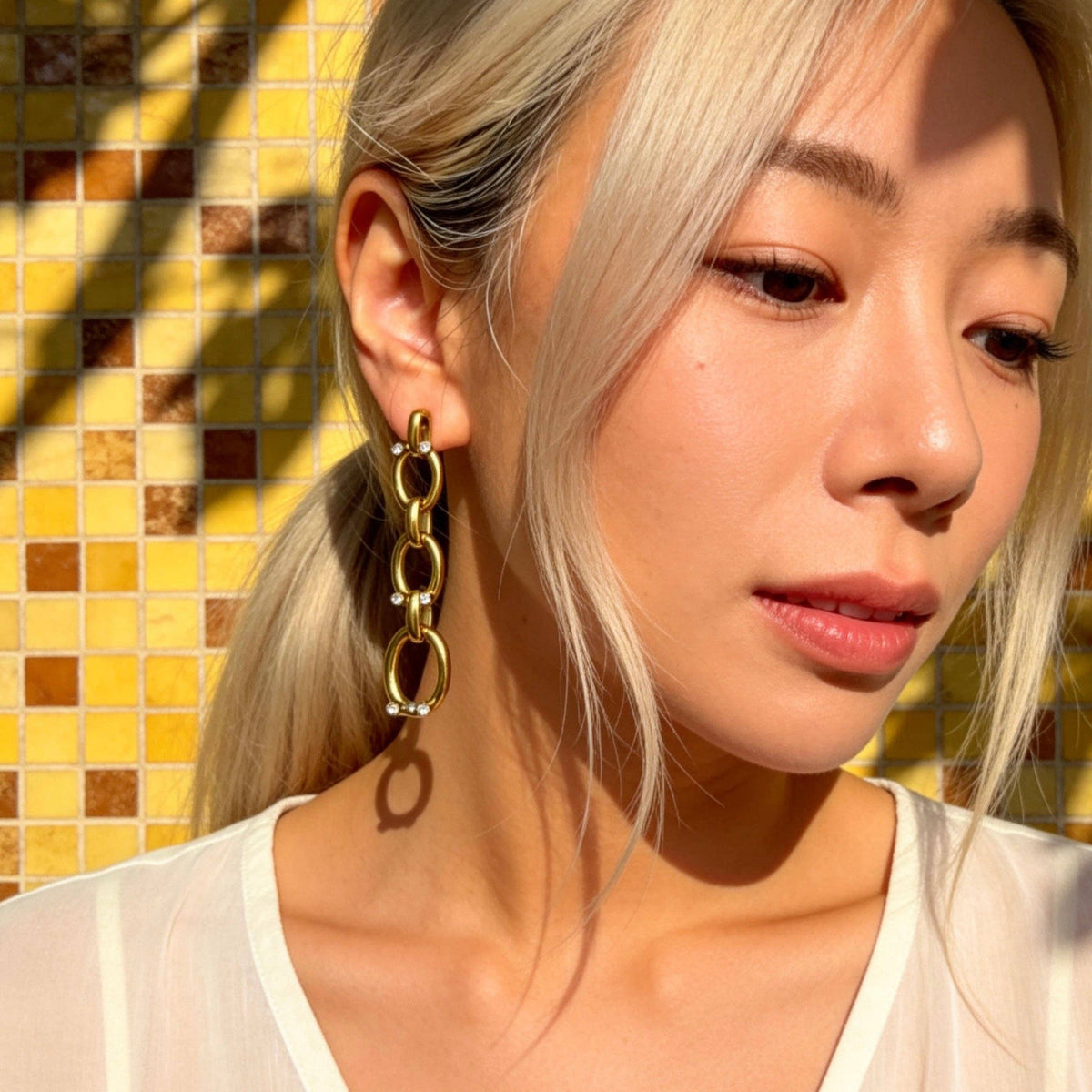 Stainless Steel Gold Chain Drop Rhinestone Earrings