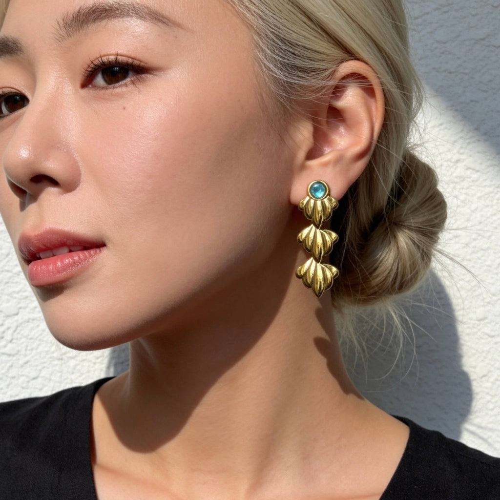Gold Ocean Leaf Earrings with Blue Crystal