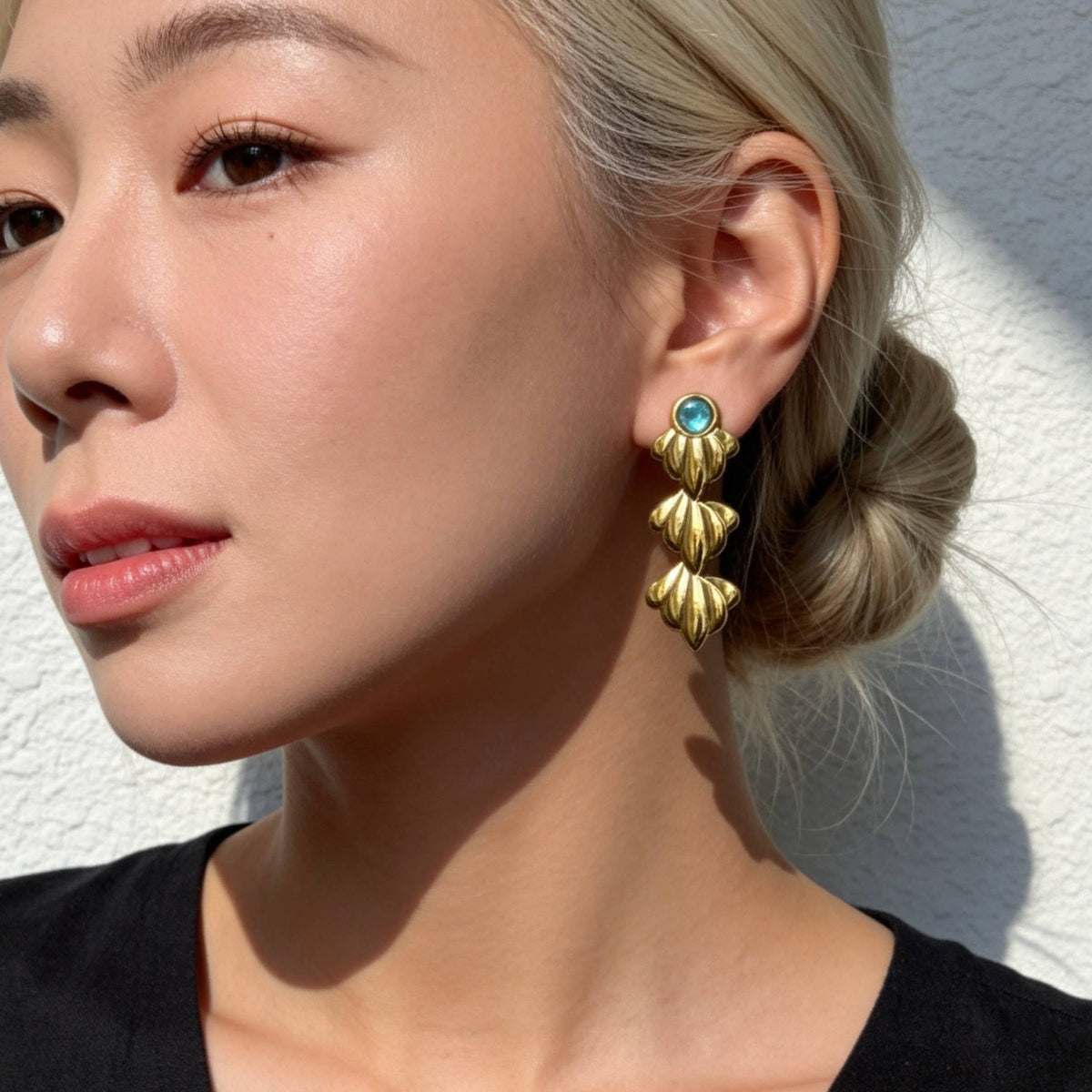Gold Ocean Leaf Earrings with Blue Crystal