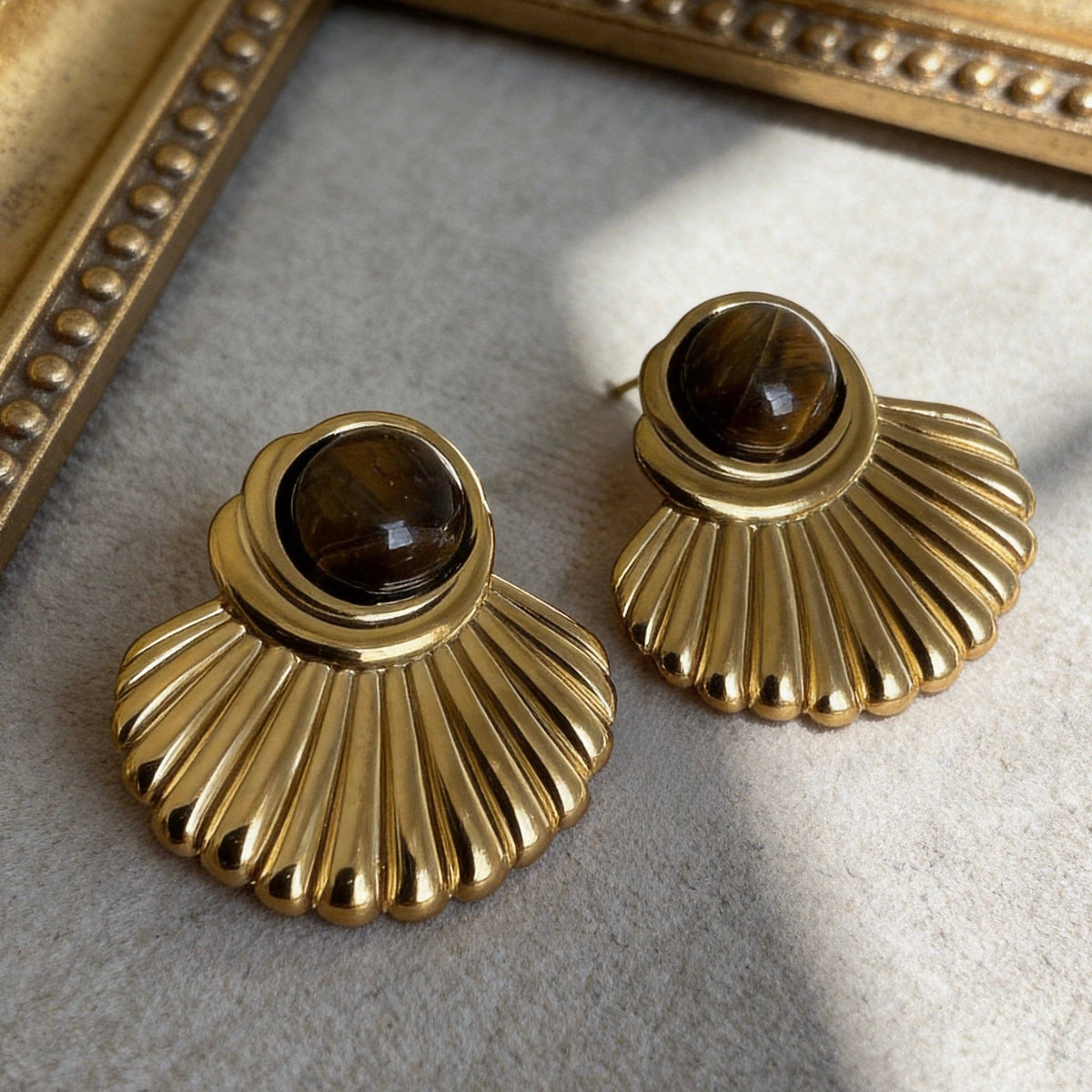 Stainless Steel Tiger Eye Fan Earrings