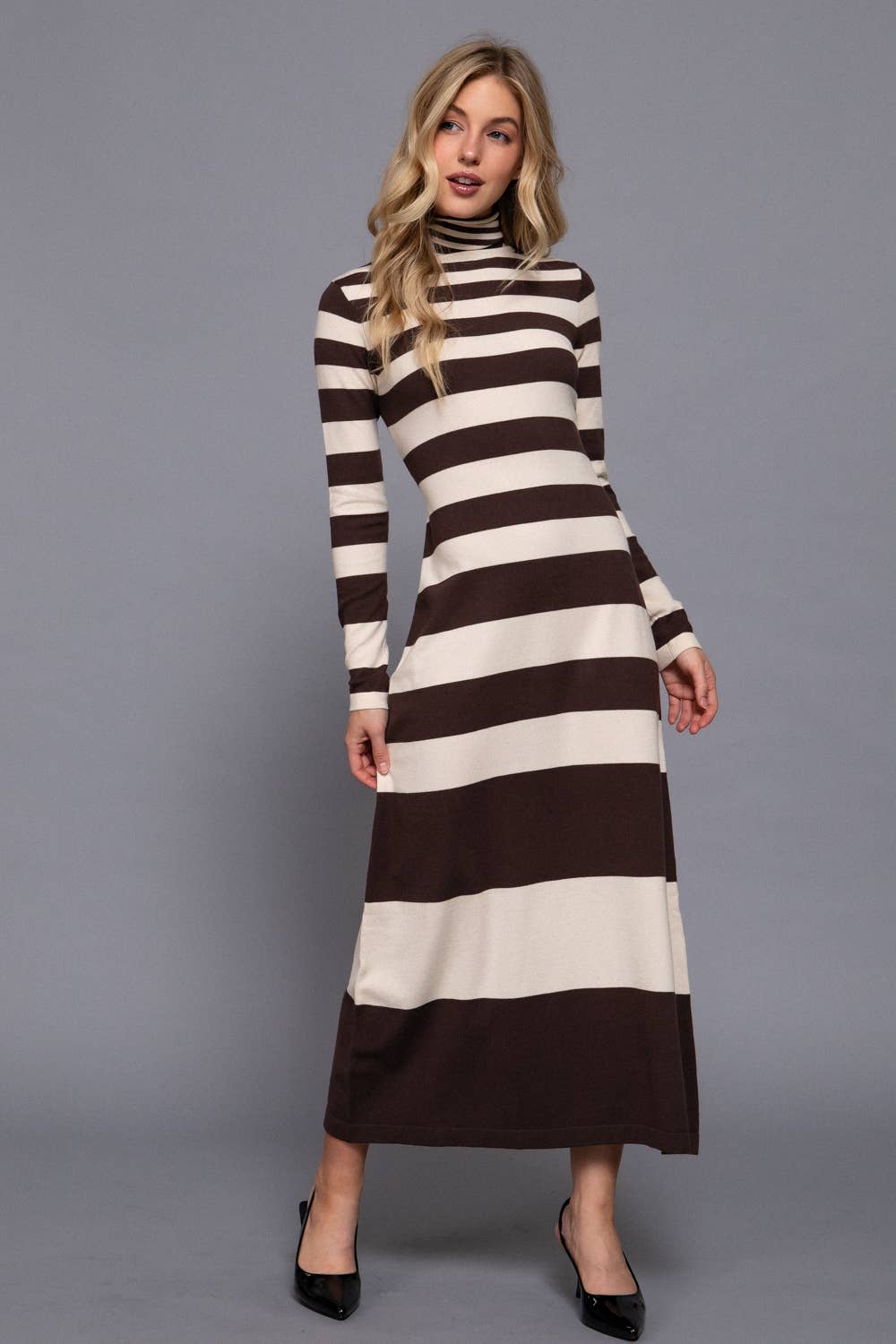 Long Sleeve Turtle Neck Rugby Stripe Maxi Dress