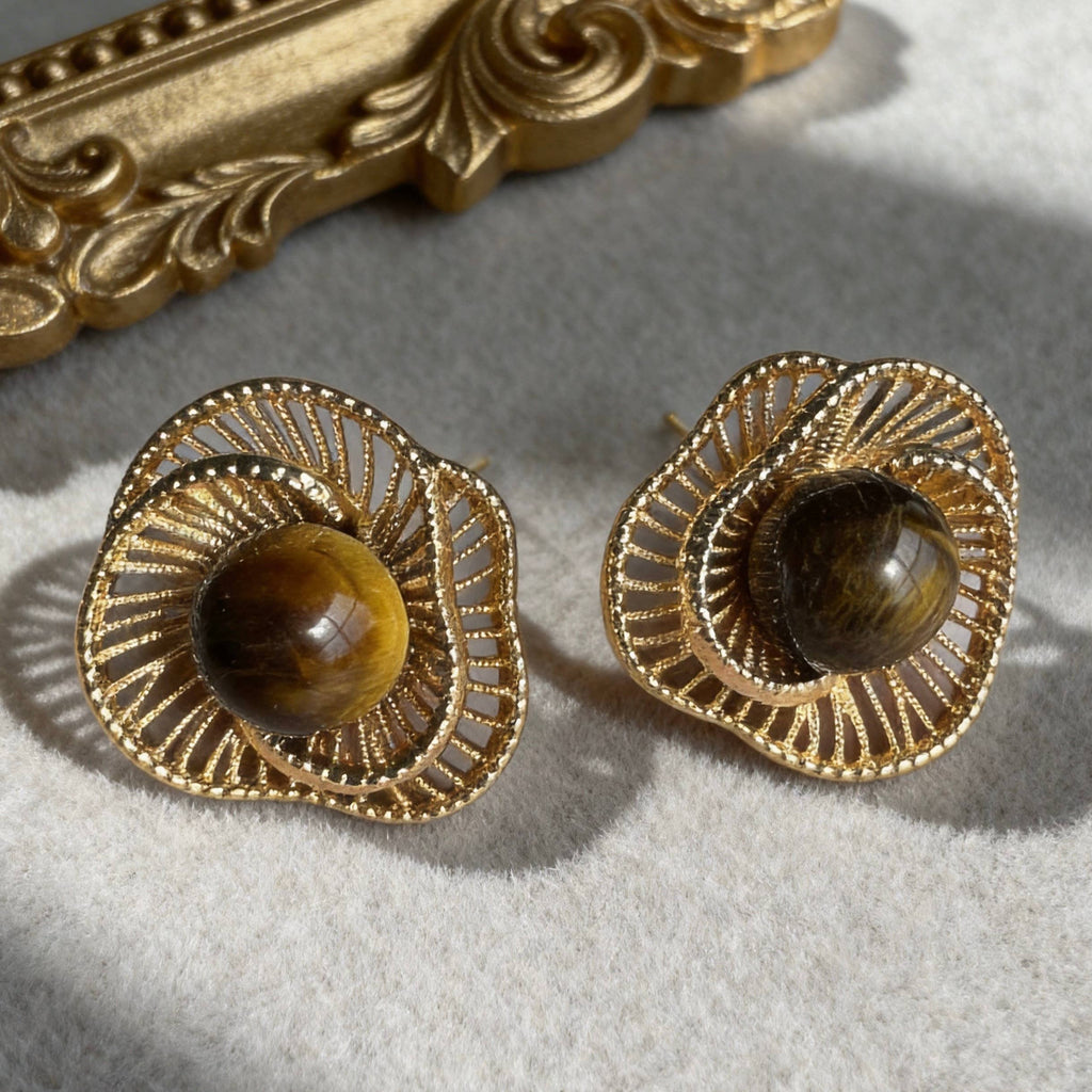 Gold Tiger Eye Stud Earrings