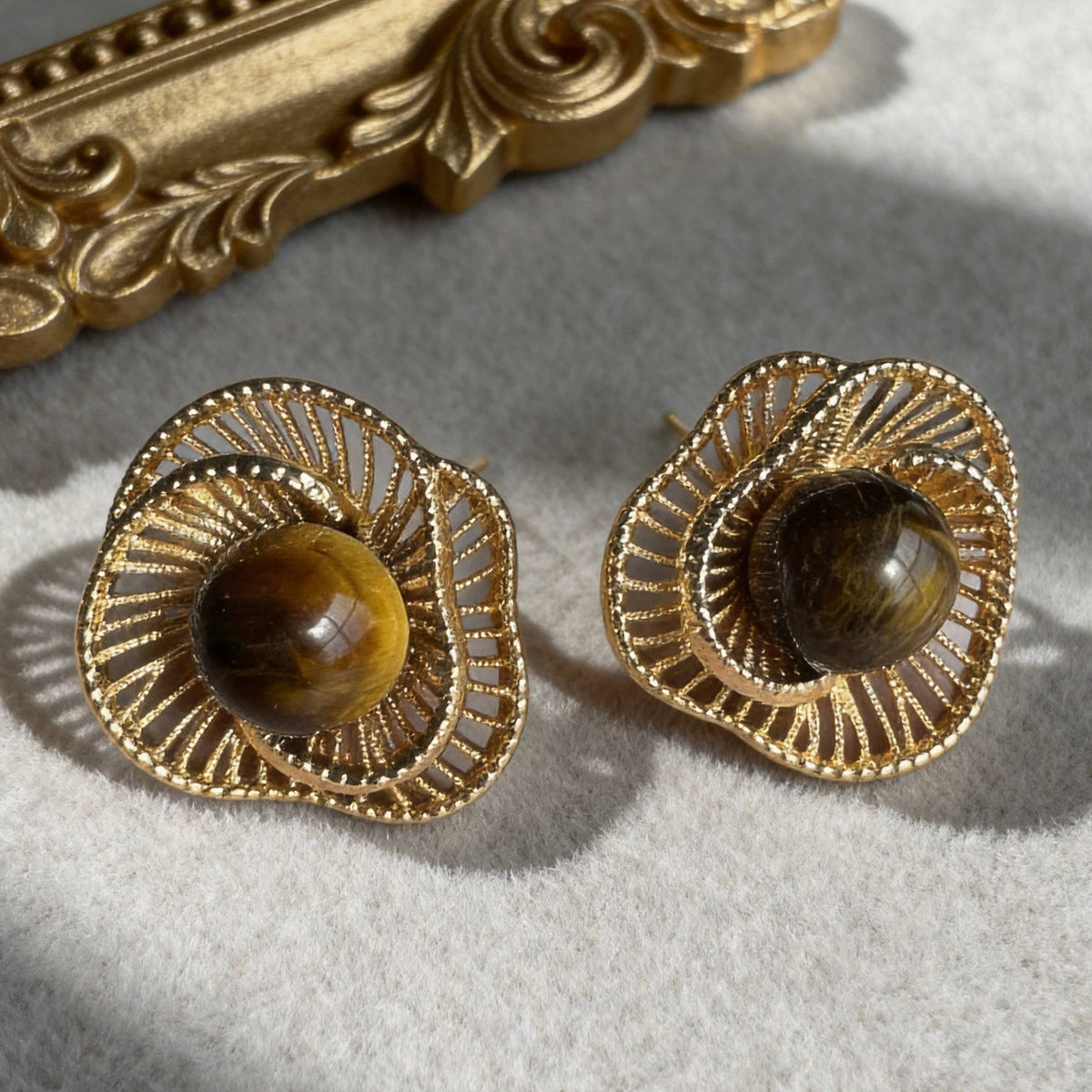 Gold Tiger Eye Stud Earrings