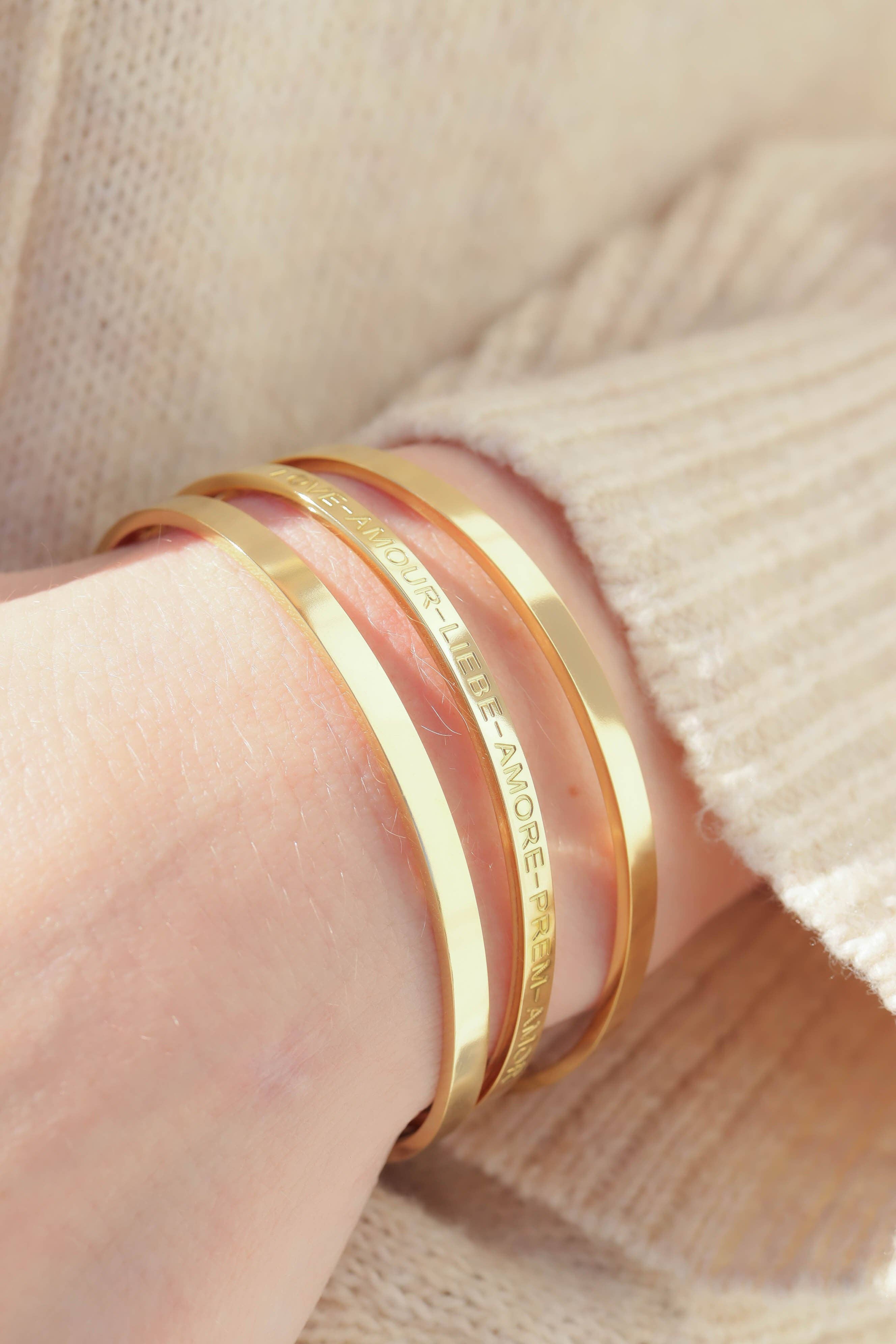 18K Gold PVD Stainless Steel Love Languages 3 Pc Bangle Set