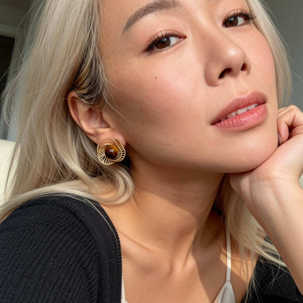 Gold Tiger Eye Stud Earrings