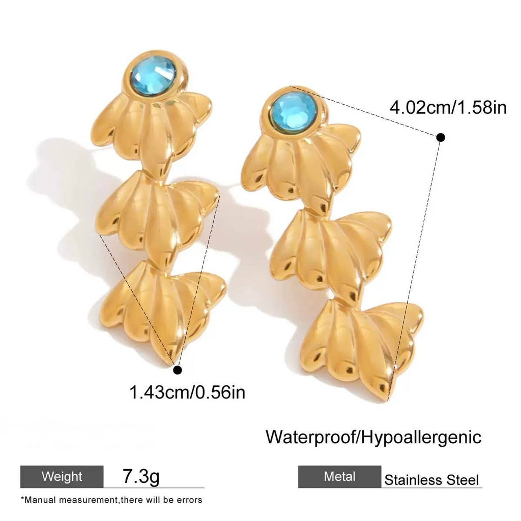 Gold Ocean Leaf Earrings with Blue Crystal