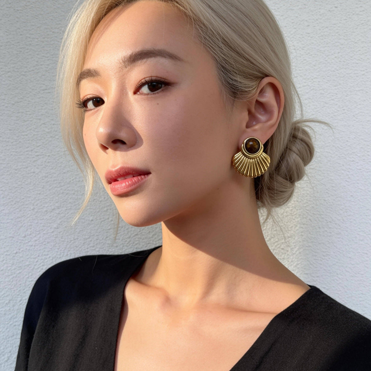Stainless Steel Tiger Eye Fan Earrings