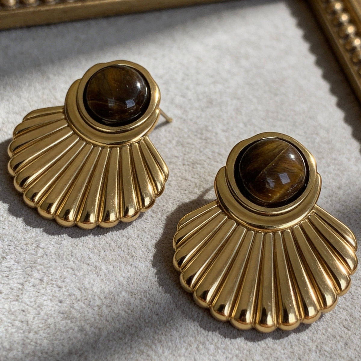 Stainless Steel Tiger Eye Fan Earrings
