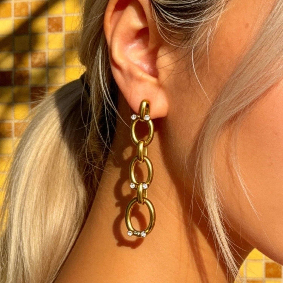 Stainless Steel Gold Chain Drop Rhinestone Earrings