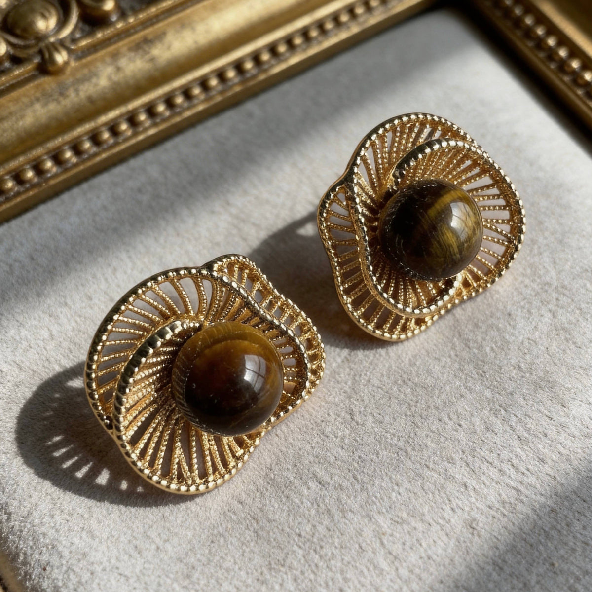 Gold Tiger Eye Stud Earrings