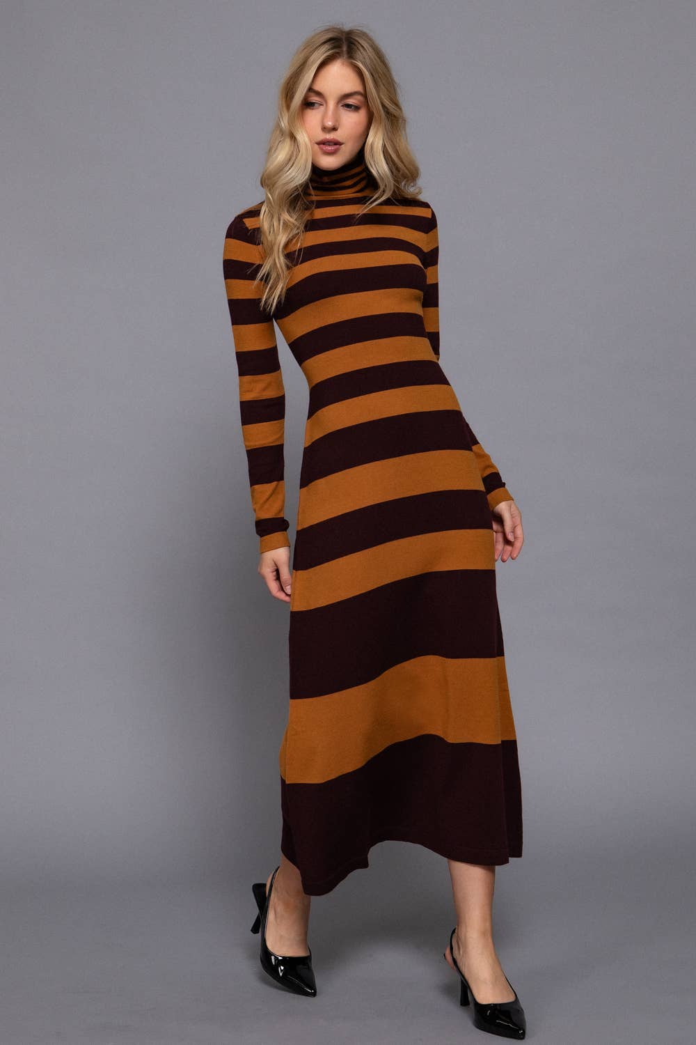 Long Sleeve Turtle Neck Rugby Stripe Maxi Dress
