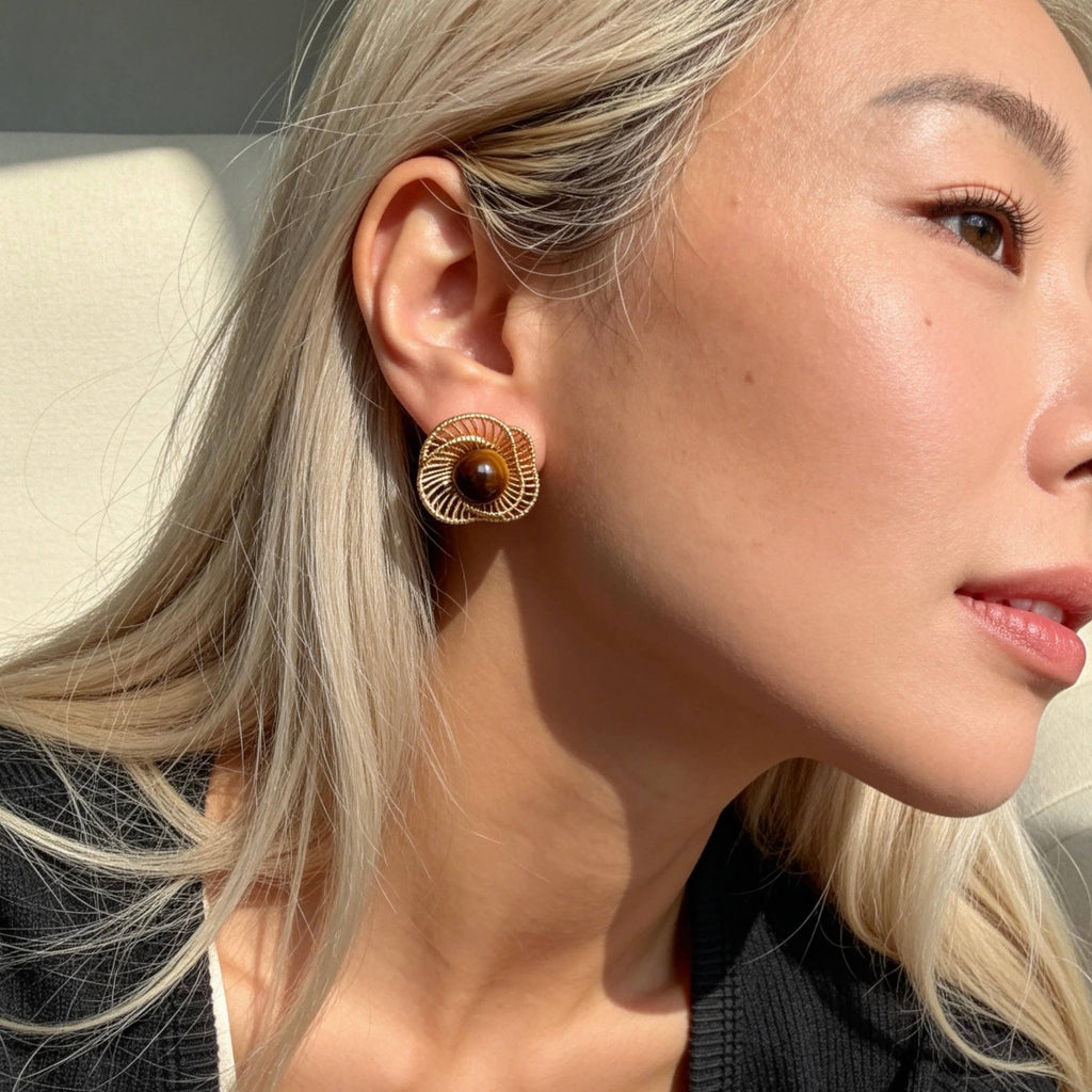 Gold Tiger Eye Stud Earrings
