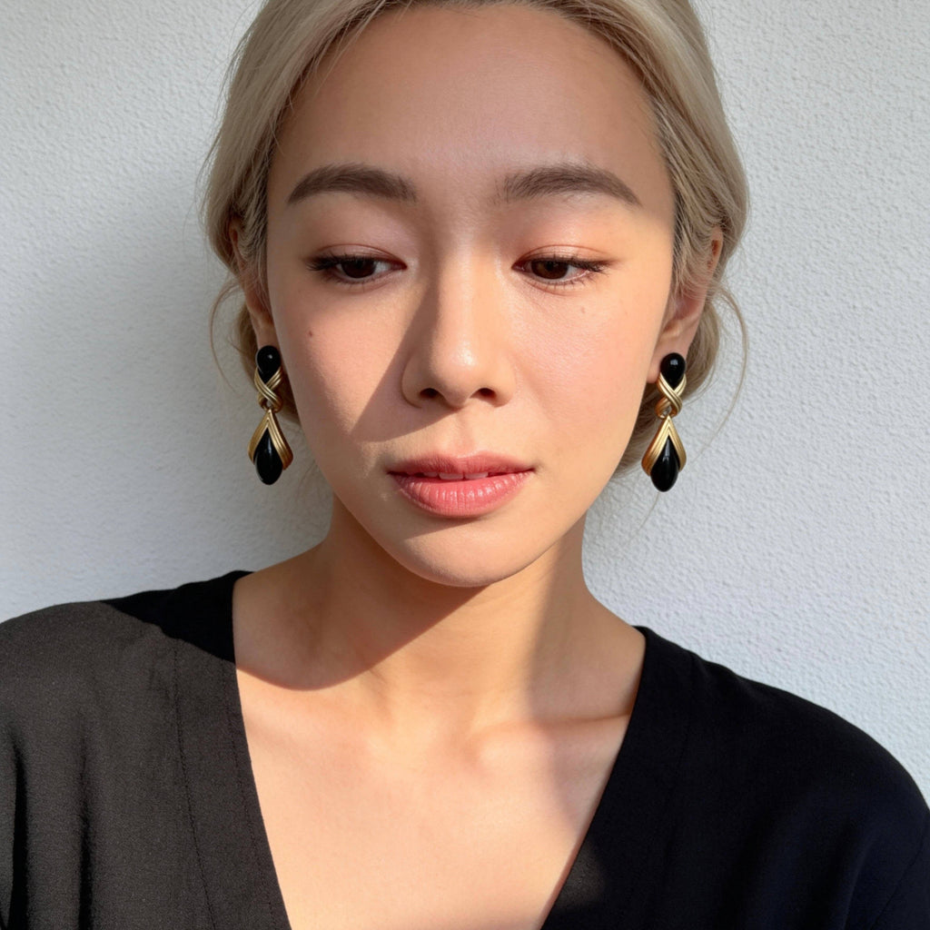 Black Onyx Teardrop Gold Drop Earrings