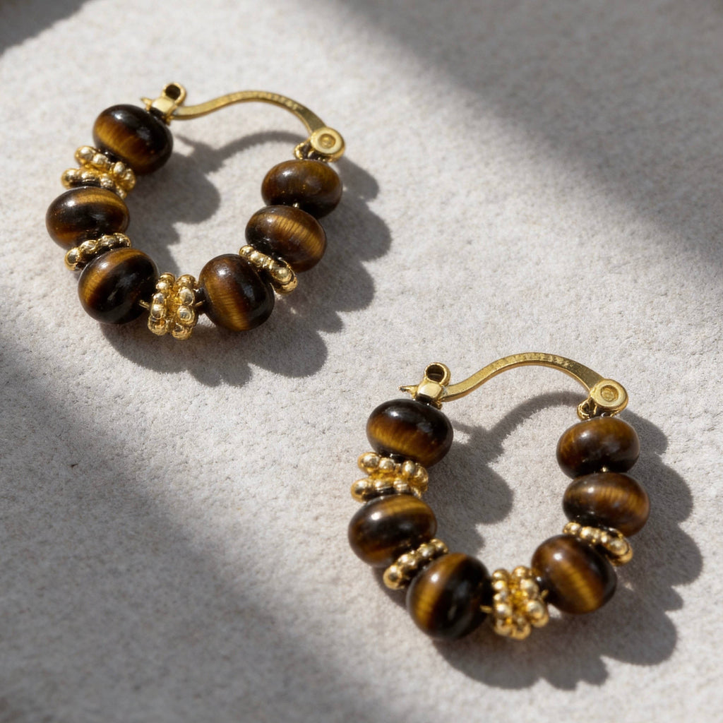 Tiger Eye Beaded Hoop Earrings