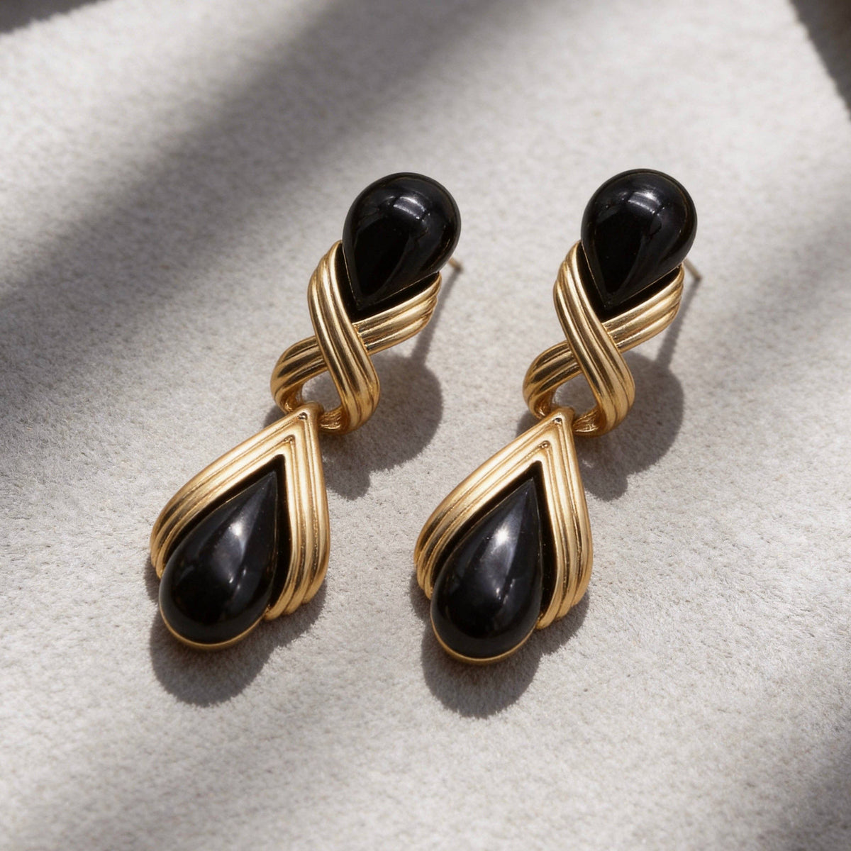Black Onyx Teardrop Gold Drop Earrings