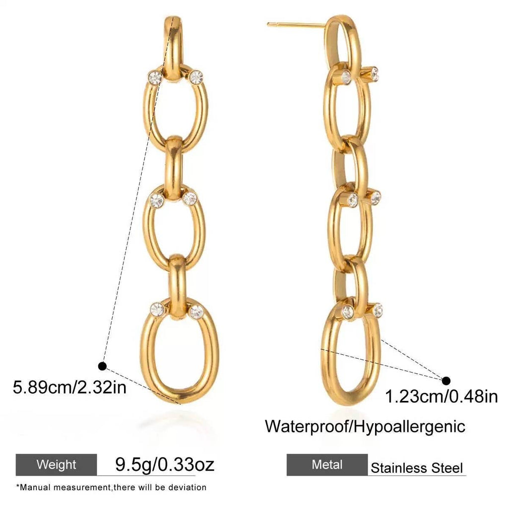 Stainless Steel Gold Chain Drop Rhinestone Earrings