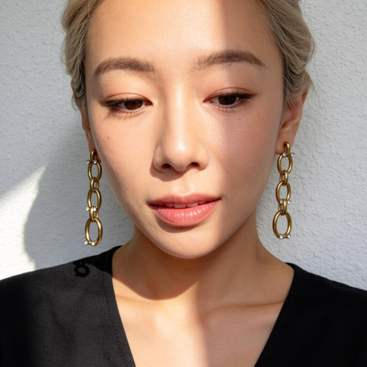 Stainless Steel Gold Chain Drop Rhinestone Earrings