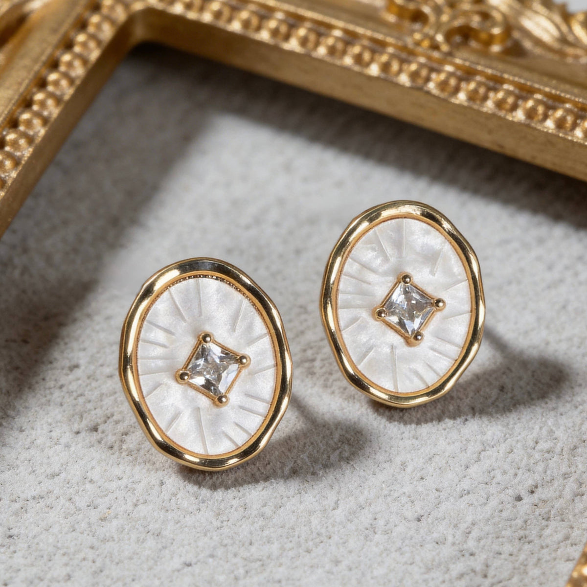 Gold Crystal Oval Mother of Pearl Earrings