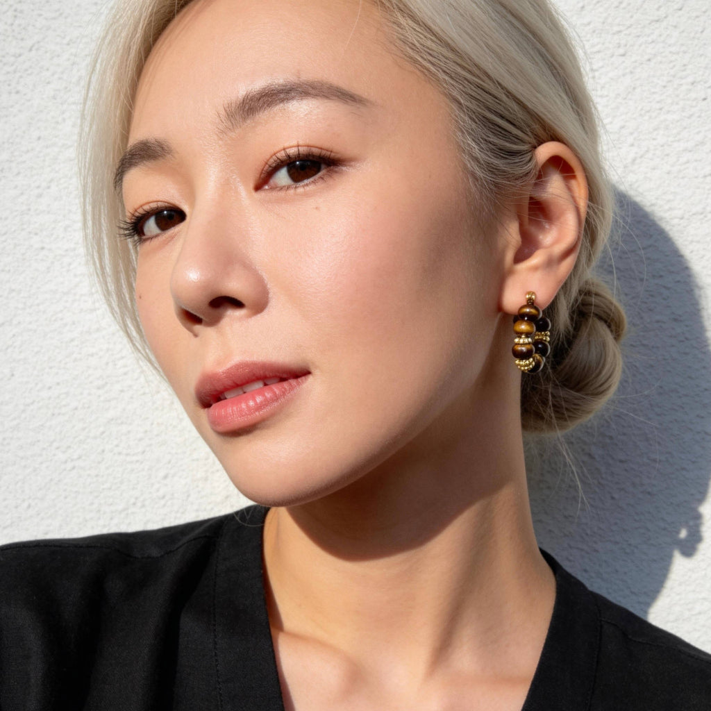 Tiger Eye Beaded Hoop Earrings