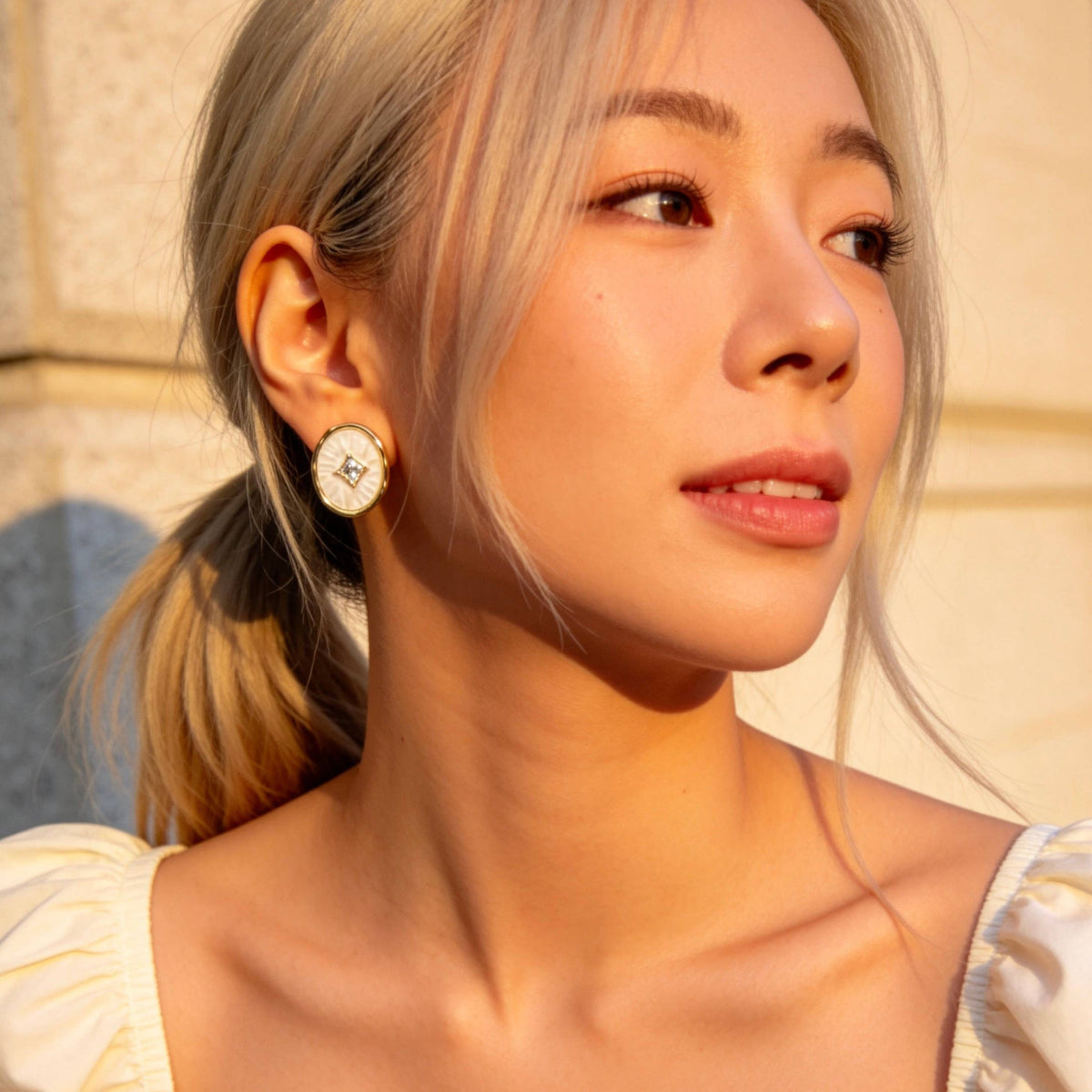 Gold Crystal Oval Mother of Pearl Earrings