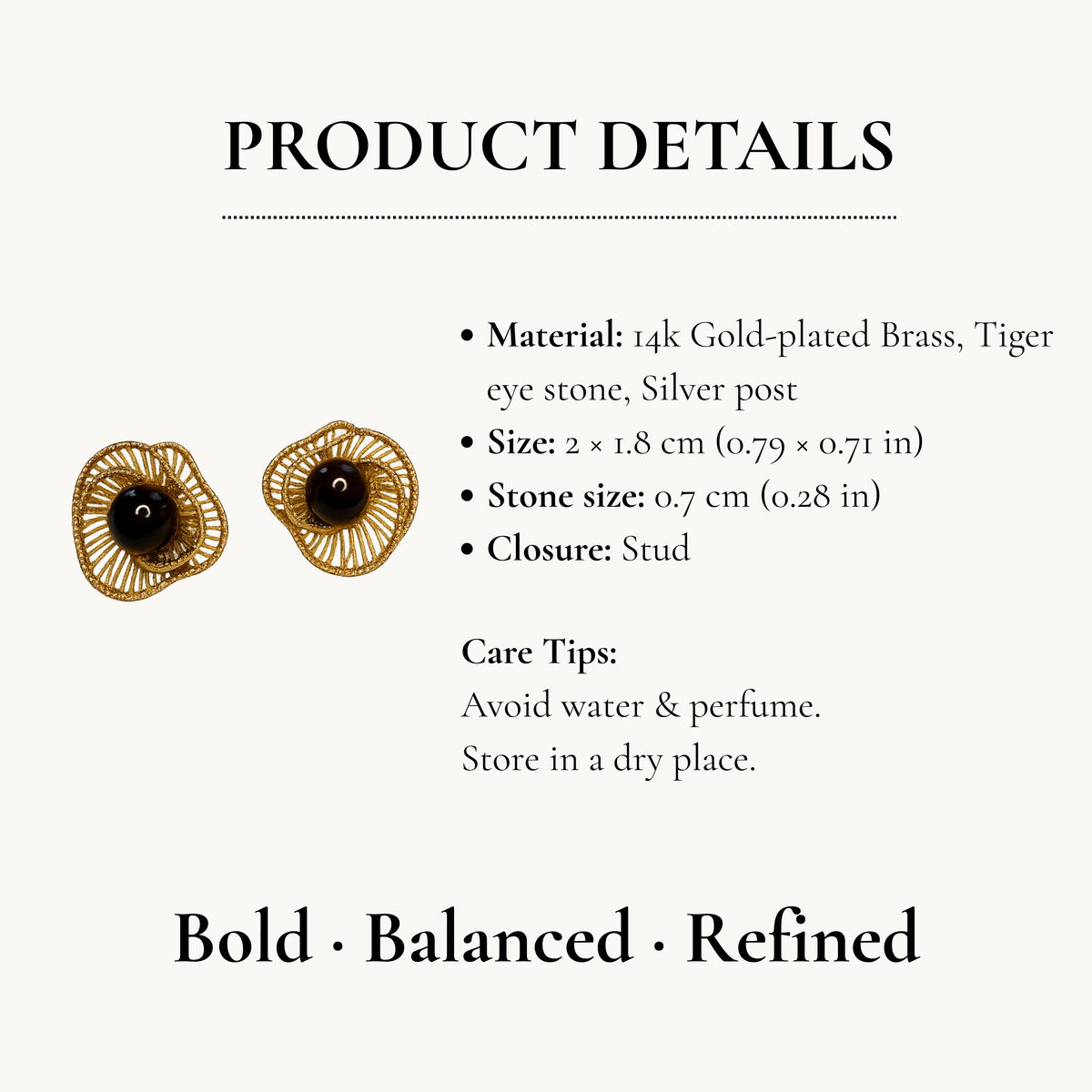 Gold Tiger Eye Stud Earrings