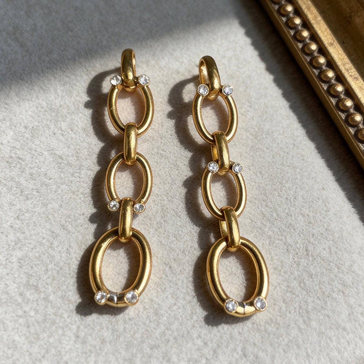 Stainless Steel Gold Chain Drop Rhinestone Earrings