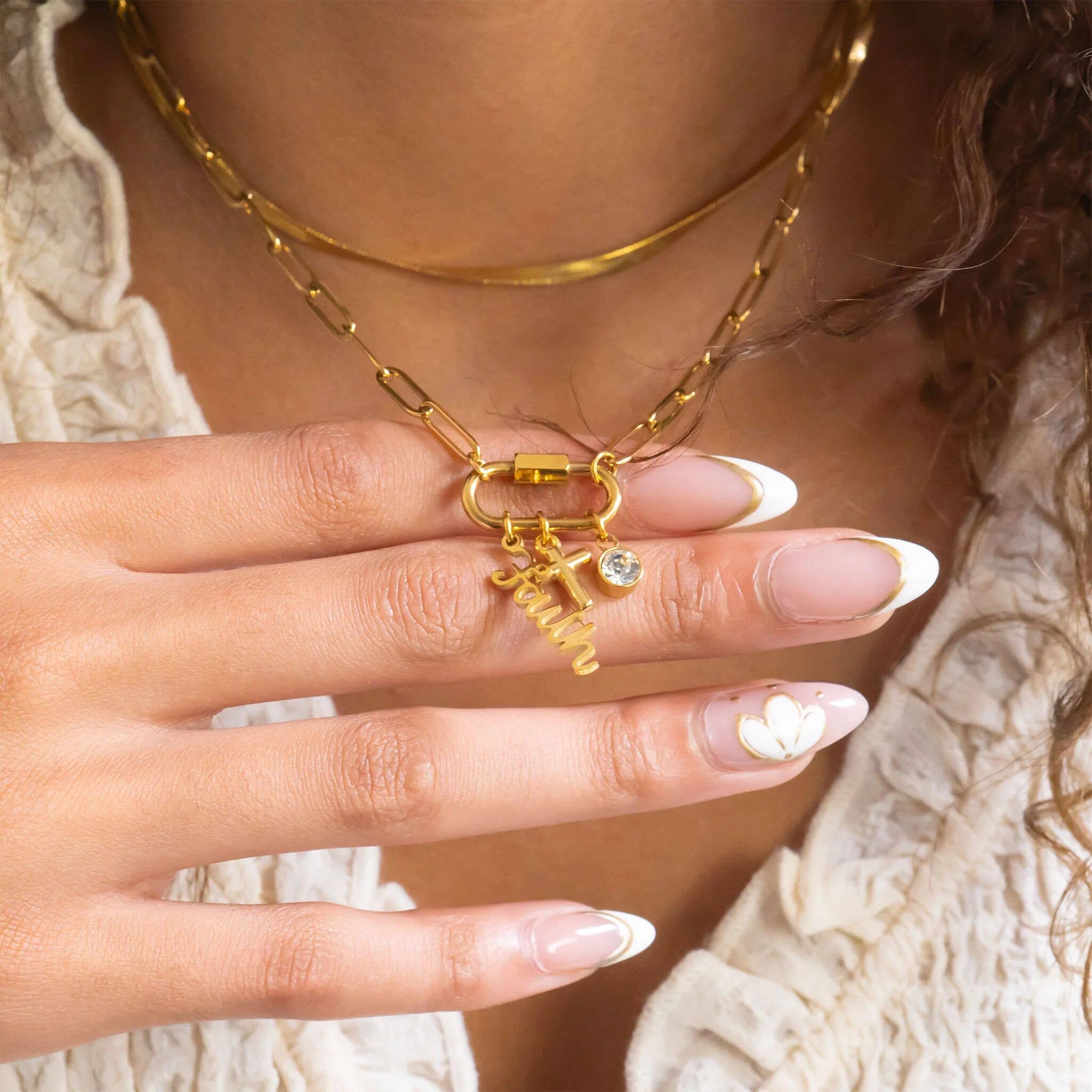 18K Gold PVD Stainless Steel Cross Carabiner Charm Necklace