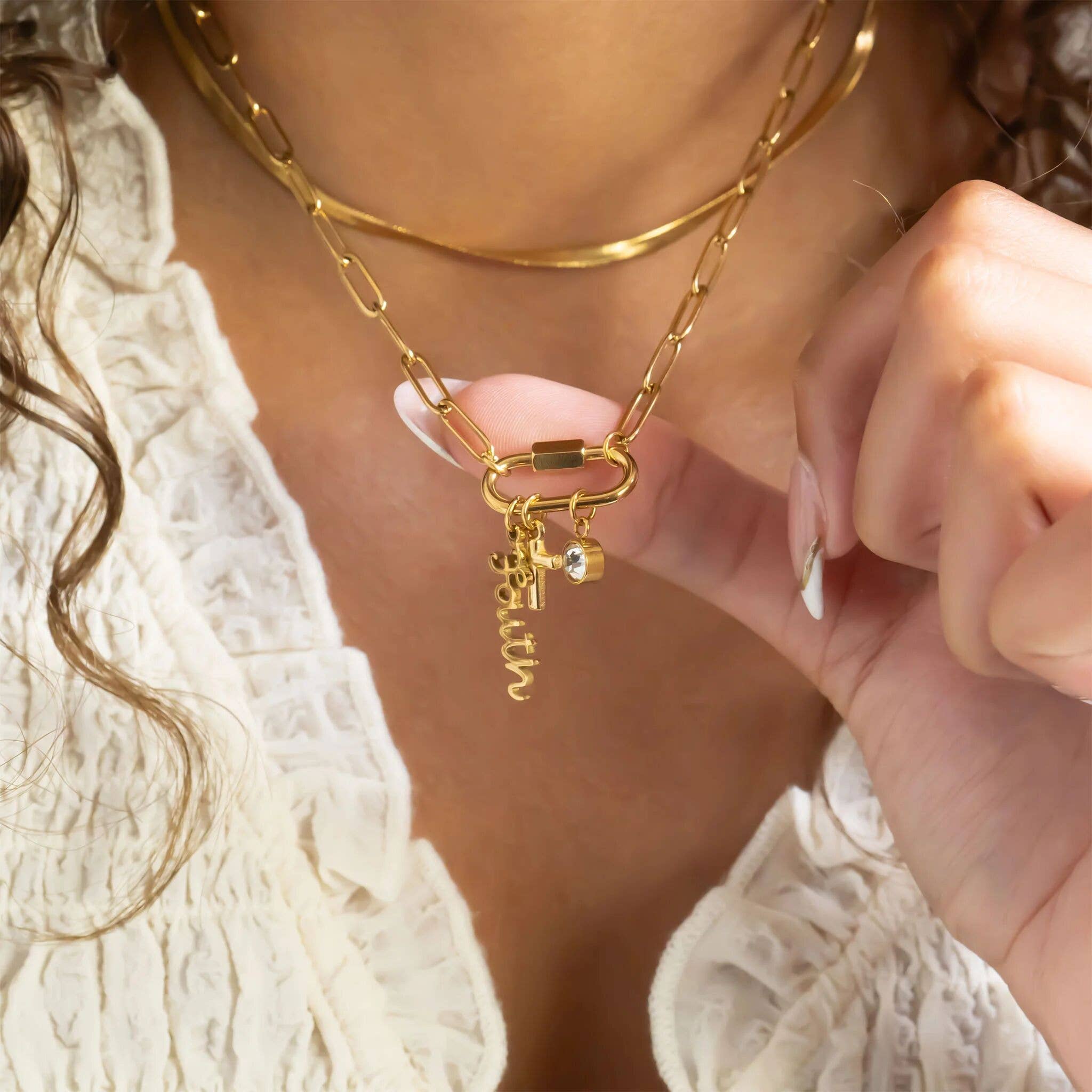 18K Gold PVD Stainless Steel Cross Carabiner Charm Necklace