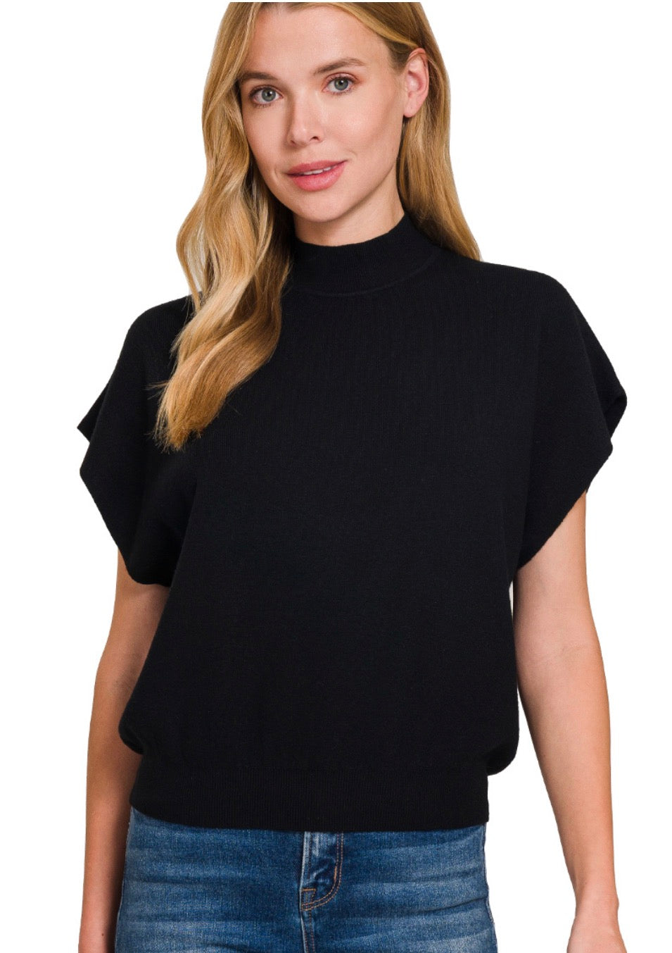 Mock neck short dolman sleeve sweater