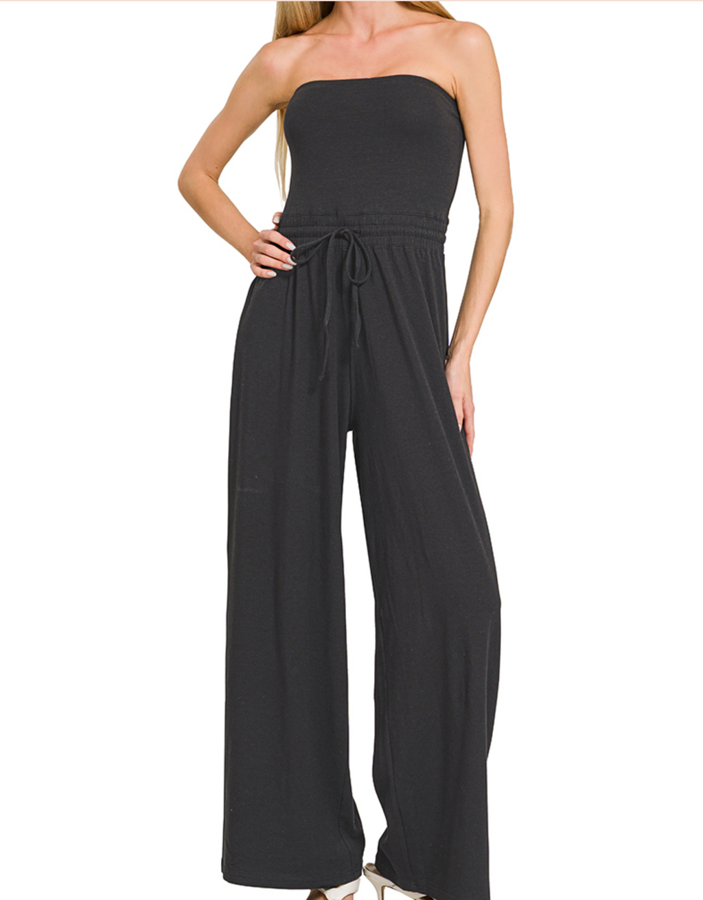 BLACK STRAIGHT LEGGED TUBE TOP JUMPSUIT
