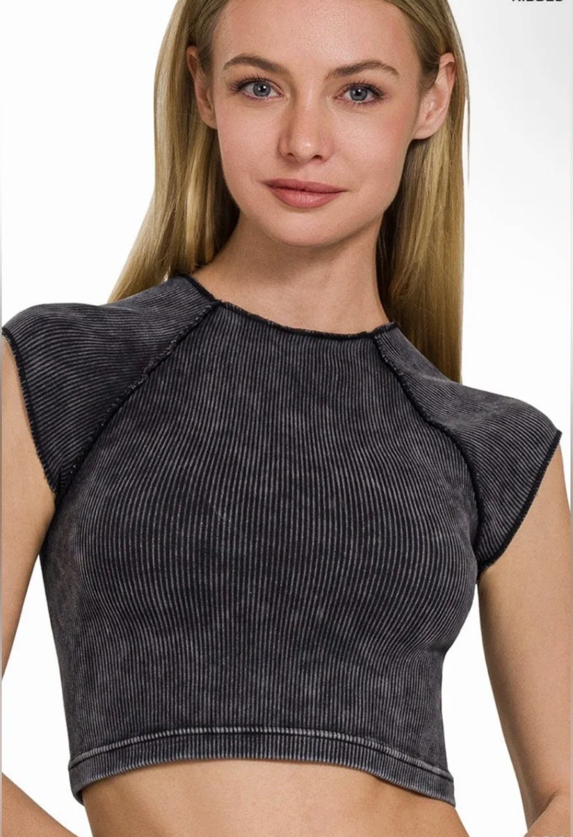 Washed crop ribbed mock neck top