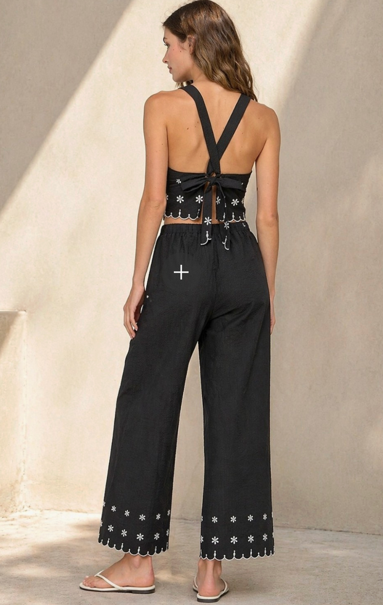 Scalloped Hem Embroidered Pants