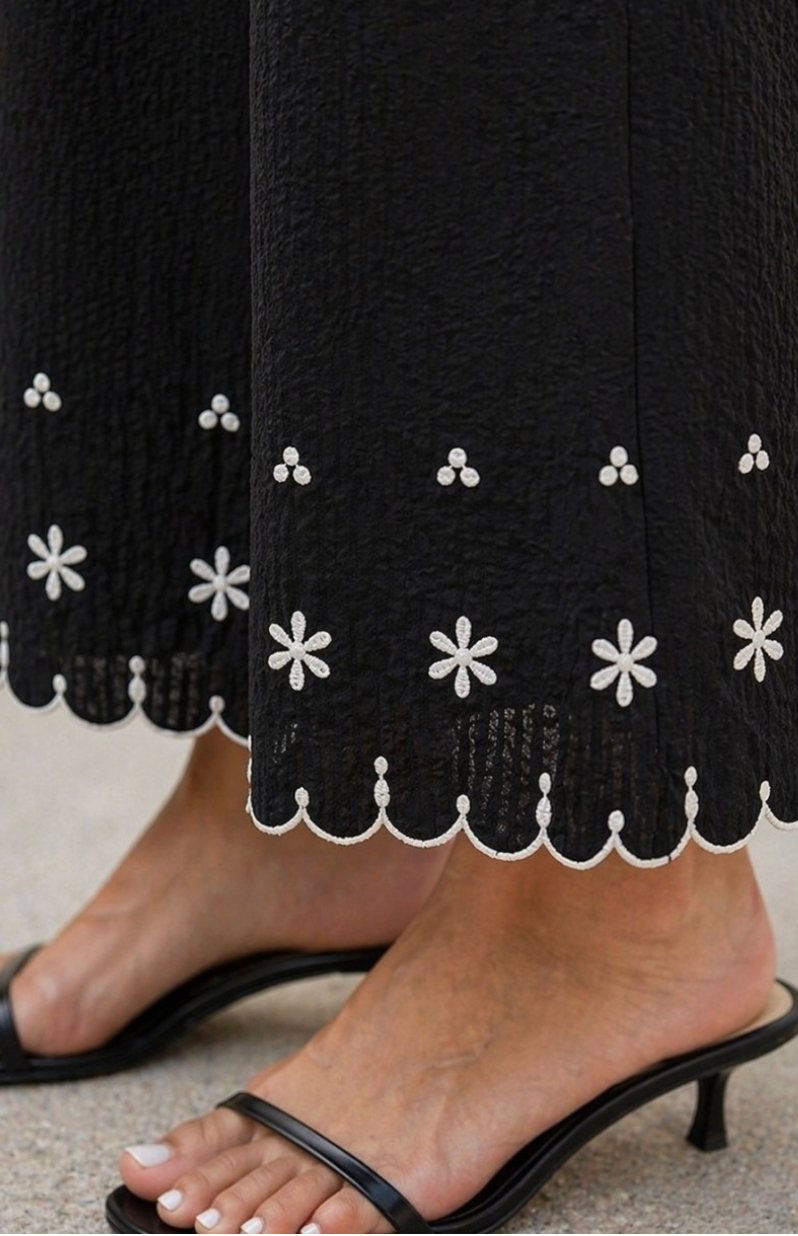 Scalloped Hem Embroidered Pants