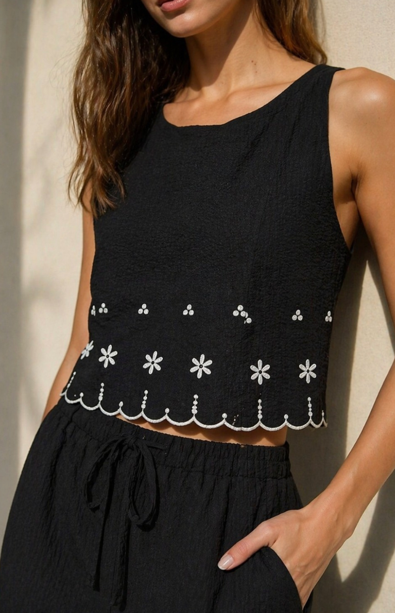Scallop Hem Tie Back Emroidered Top
