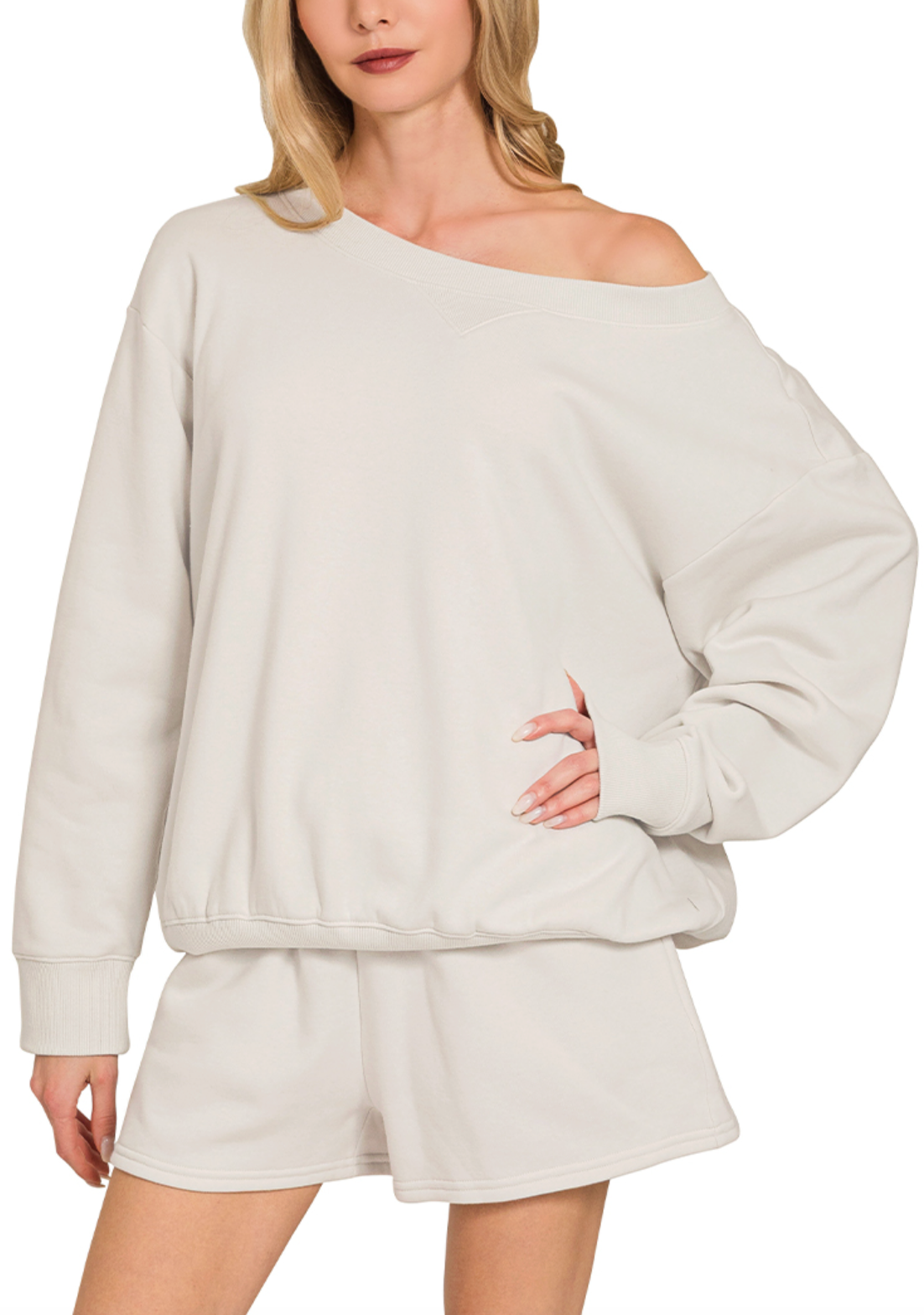 Fleece boat neck sweatshirts & shorts 2pcs set