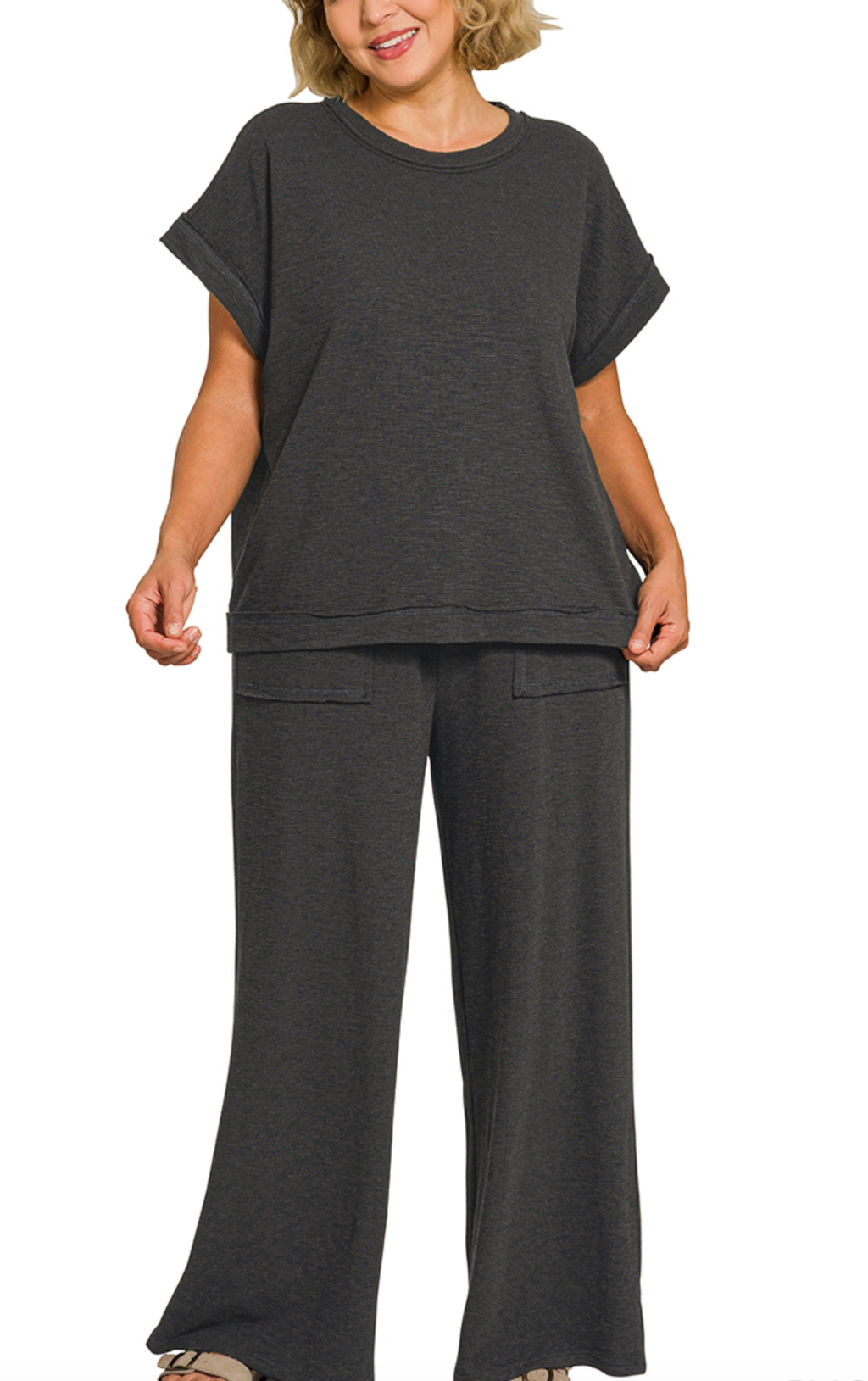 Plus slub short sleeve tee & long pants set